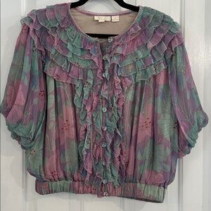 Anthropologie Let me Be Chic Ruffle Blouse - Purple and Green
